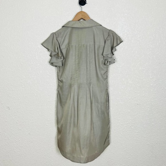 Ali Ro Womens Pleated Shirt Dress size 2 Khaki Taupe Ruffle Sleeve Knee Length - Picture 6 of 12
